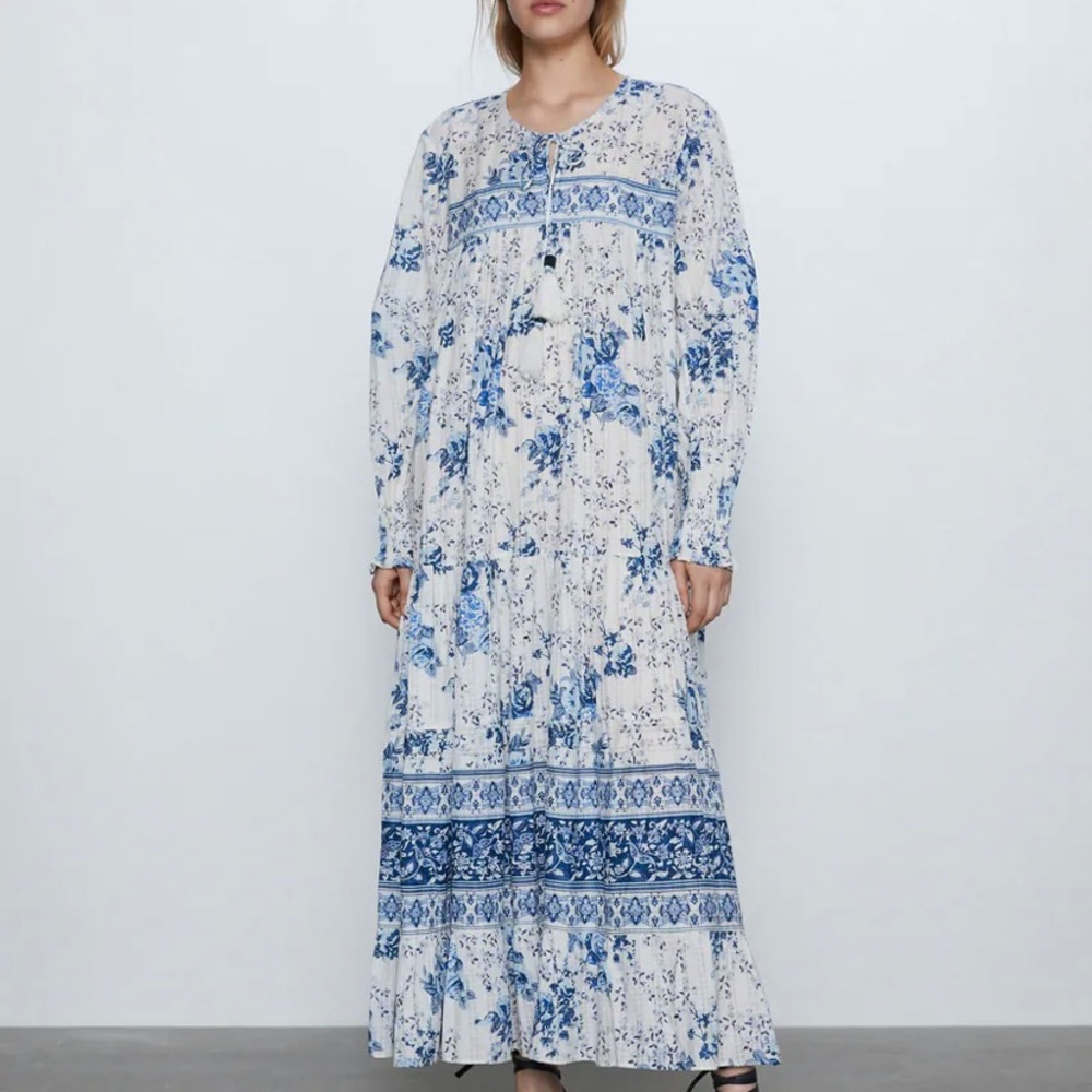 ZARA long floral print blue and white dress